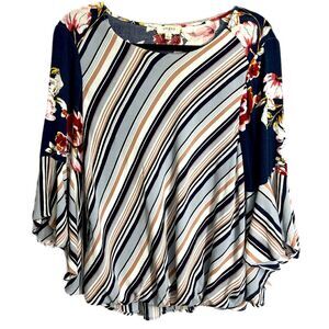 UMGEE Women’s Top with Colorful Floral & Stripes 3/4 Bell Sleeve Size Small